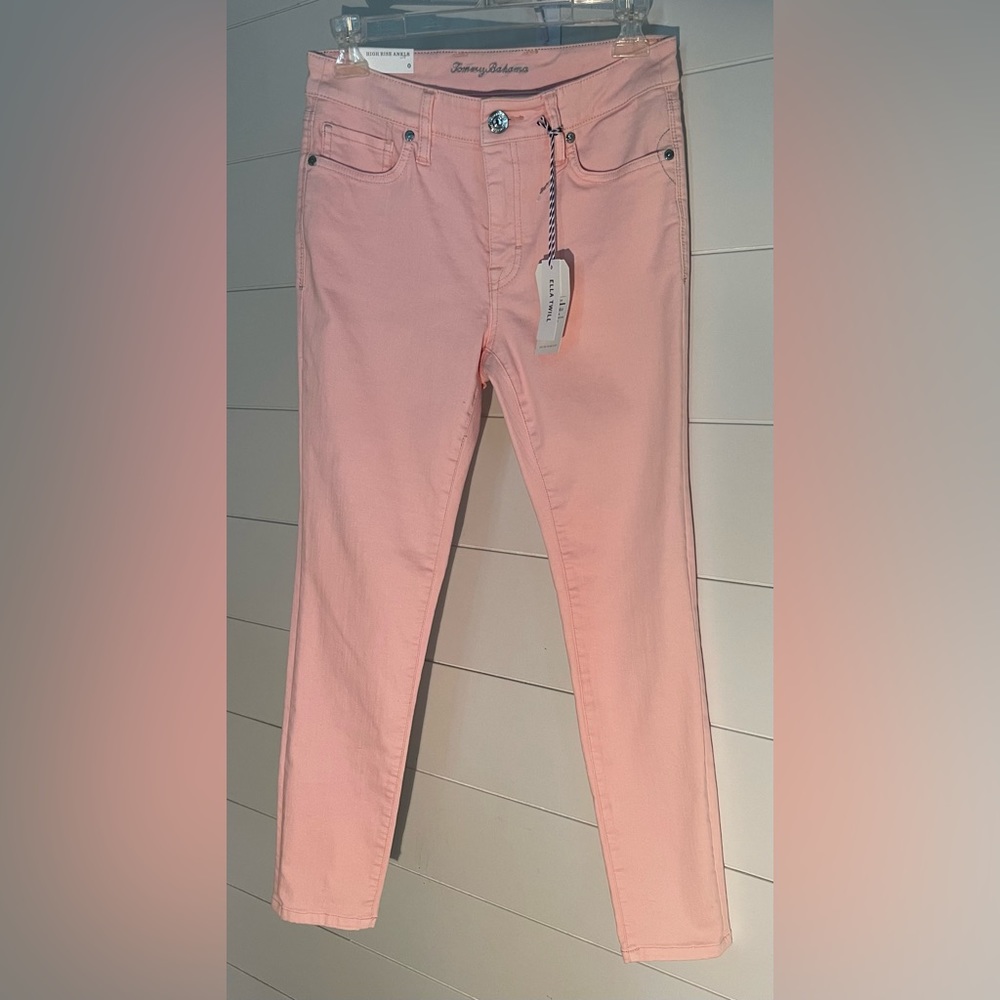Tommy Bahama Ella Twill high rise ankle jean. Malibu peach